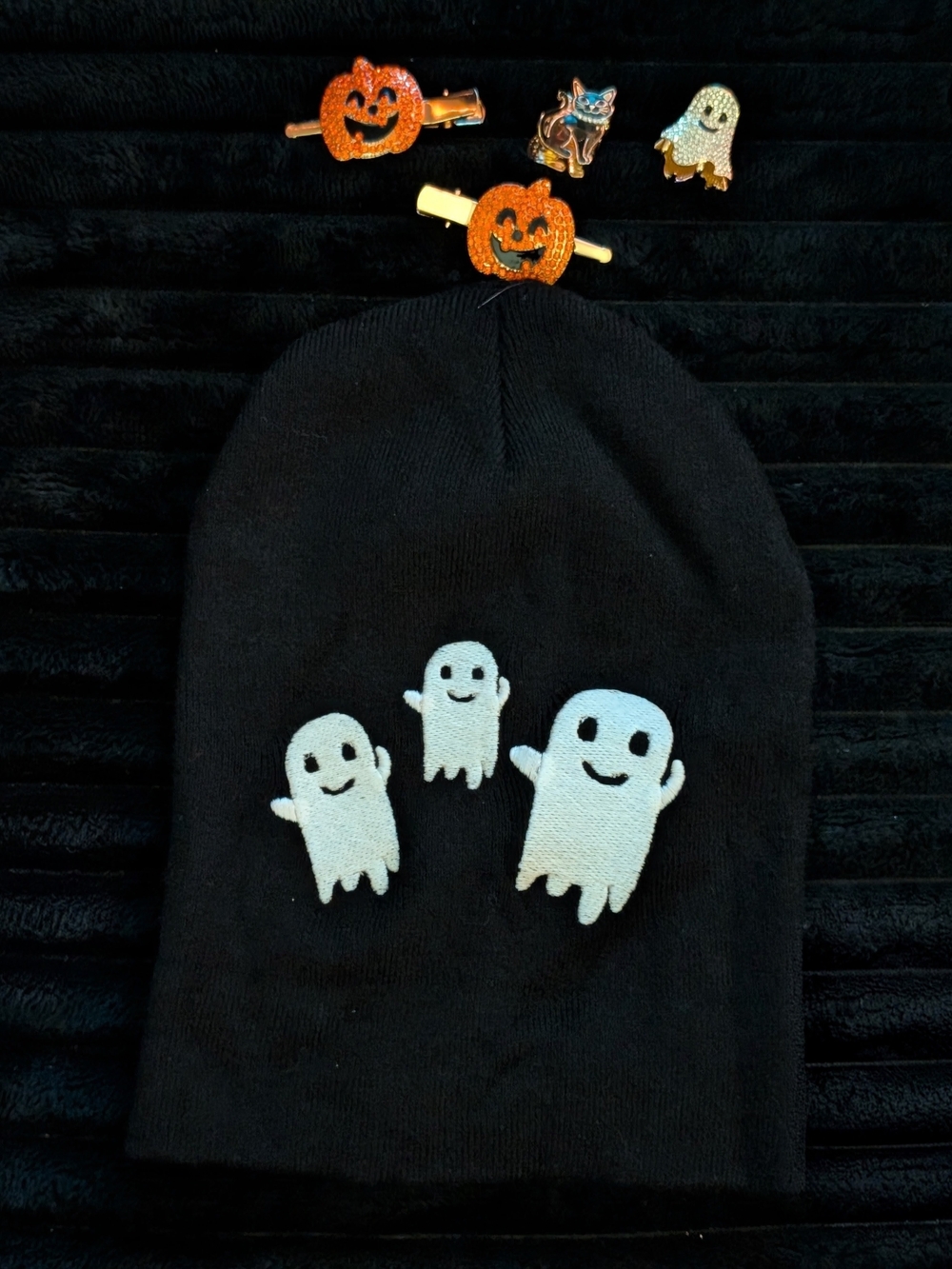 Halloween Ghost Beanie Hat & Rhinestone & 4 Spooky hair accessories Bundle